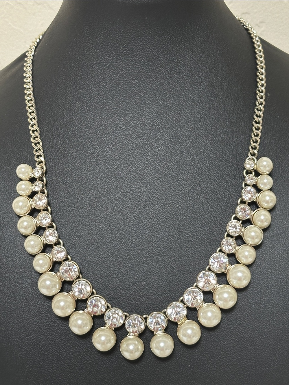 Banana Republic Silver Tone Faux Pearl & Rhinestone Statement Necklace